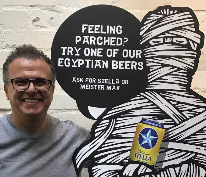 Wally Mostafa photo with egyptian Stella beer mummy